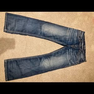 Silver Jeans Zac Mens 34 X 34 Straight Leg Dark Wash Denim Pants Blue Distressed